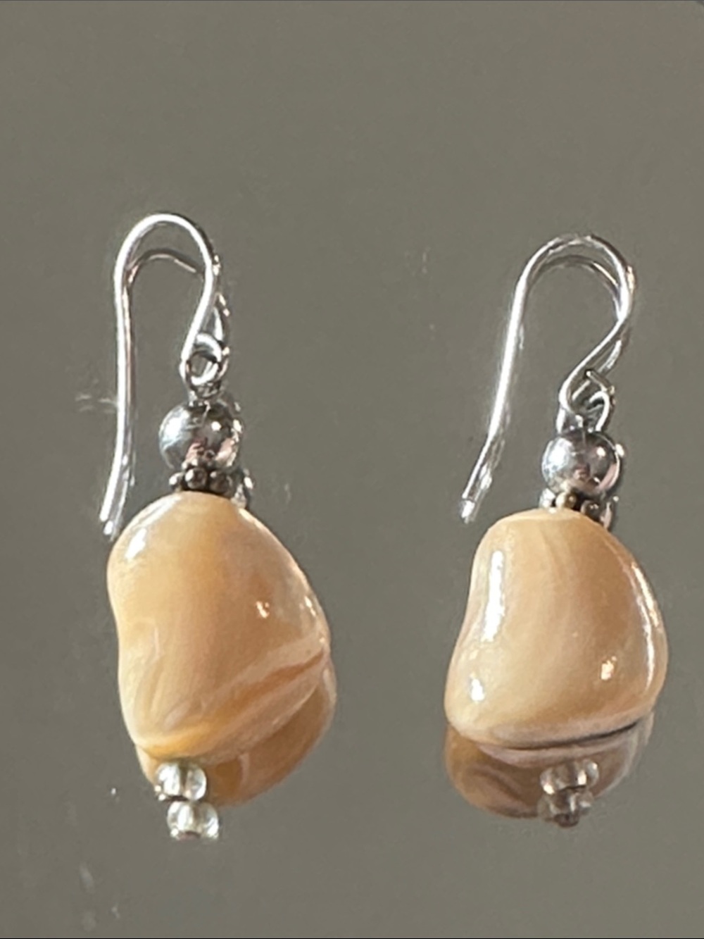 Beige Shell Drop Earrings with Silver Accents